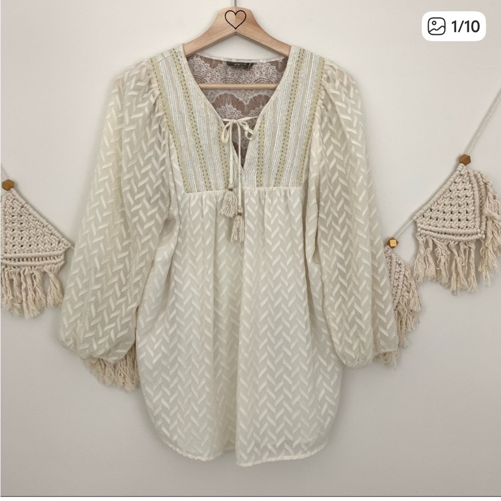 Anthropologie One September Attylie Embroidered Ivory Peasant Blouse Medium